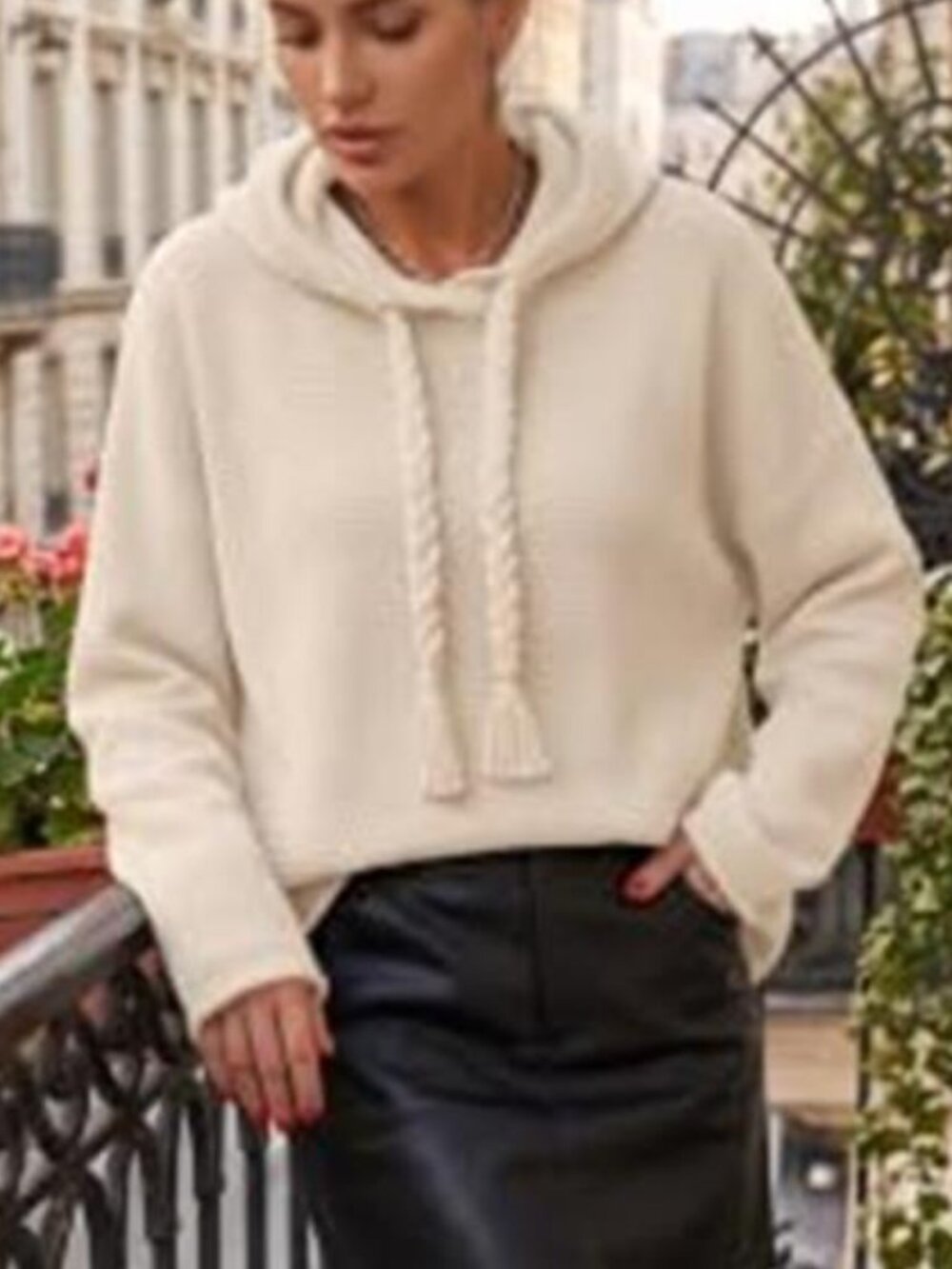 Apricot Oversized Knit Hoodie Sweater Chunky Pullover Braided Tassel Drawstring - Picture 4 of 10